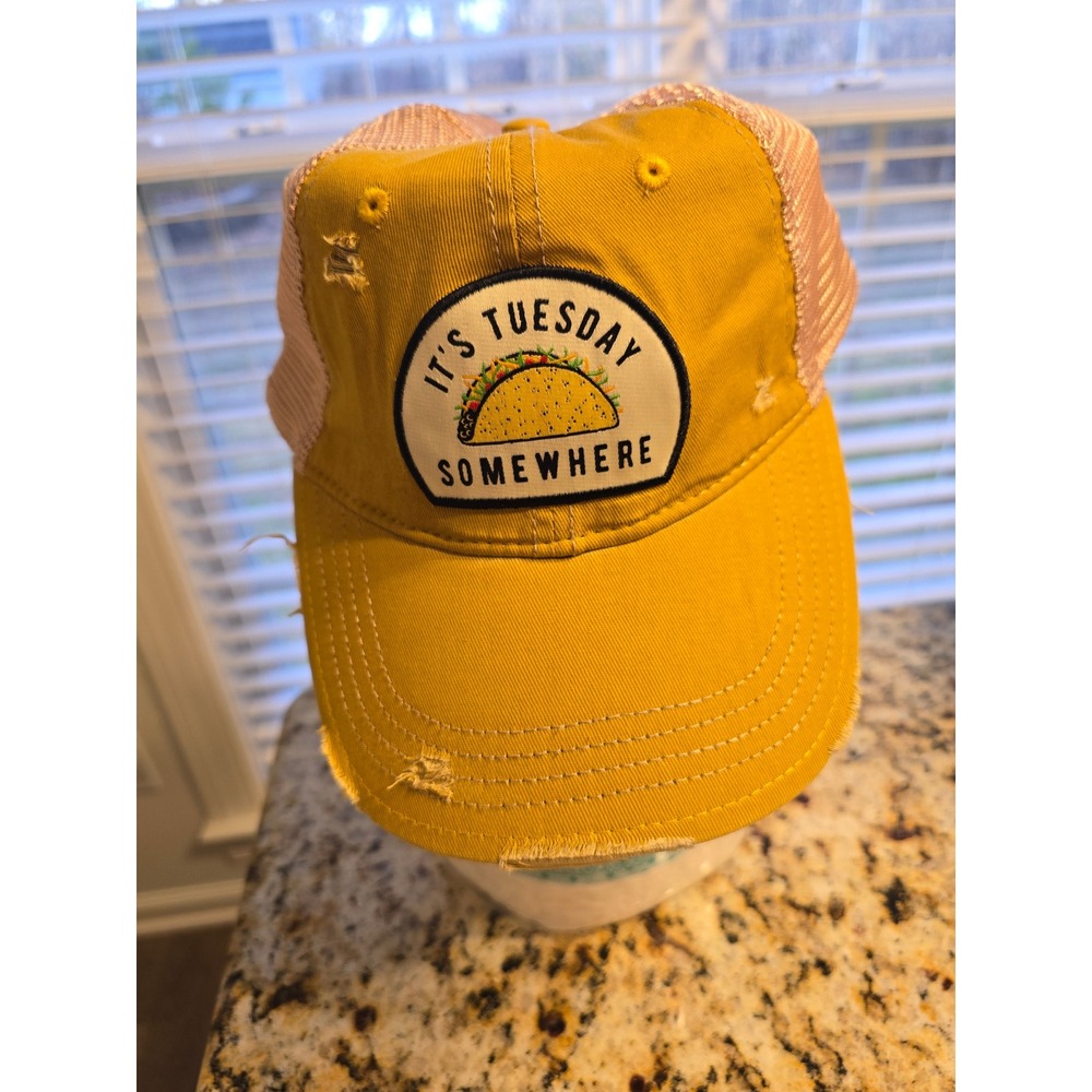 Mason Jar Label Taco It's Tuesday‎ Somewhere Trucker Hat Yellow Distressed Mesh